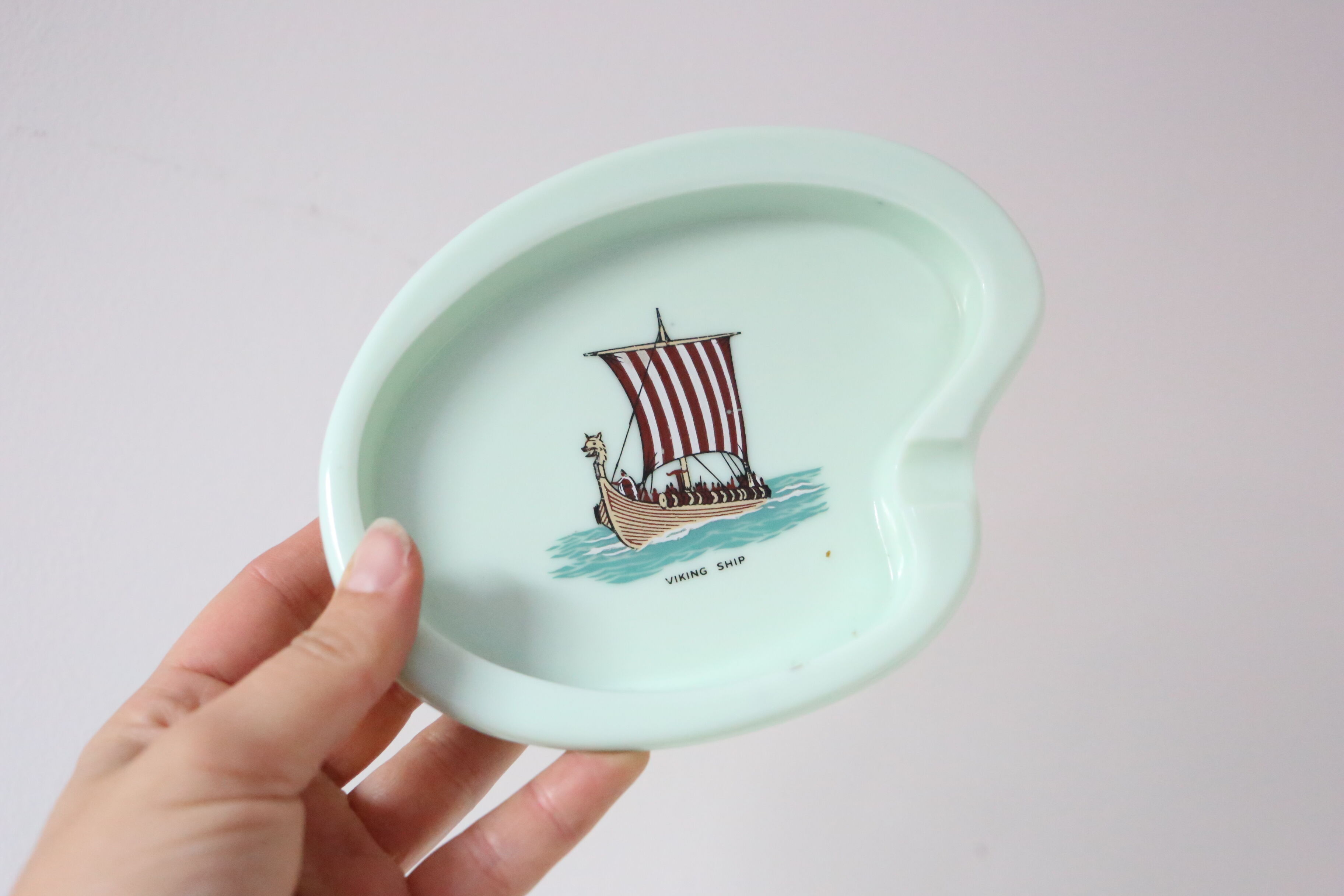 Opaline ashtray, mint color, Viking boat, vintage