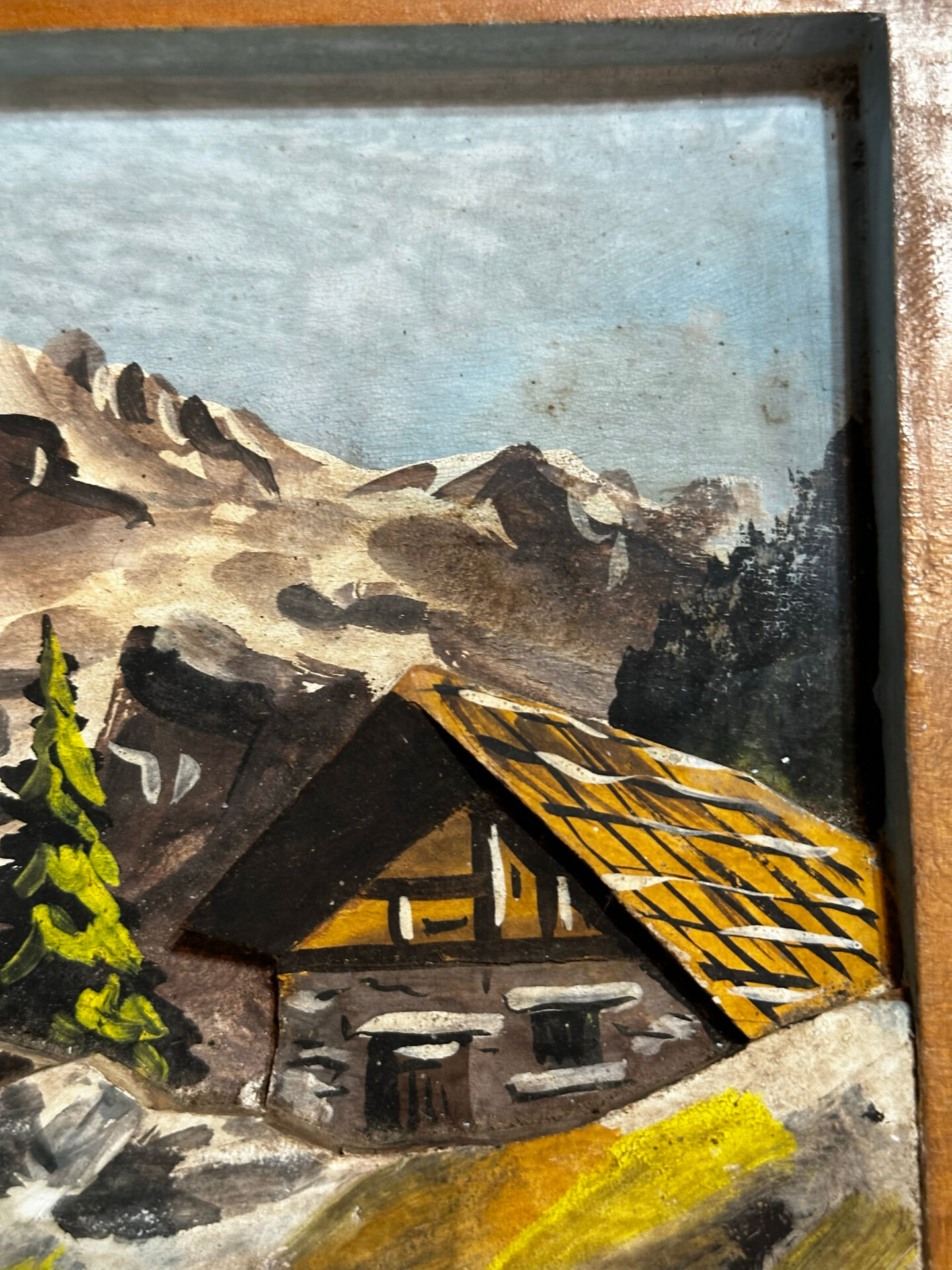 Tableau alpin vintage en bois sculpté et peint