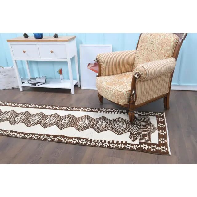 Vintage Turkish Hand-Knotted Wool Cotton White Runner Rug 78x354