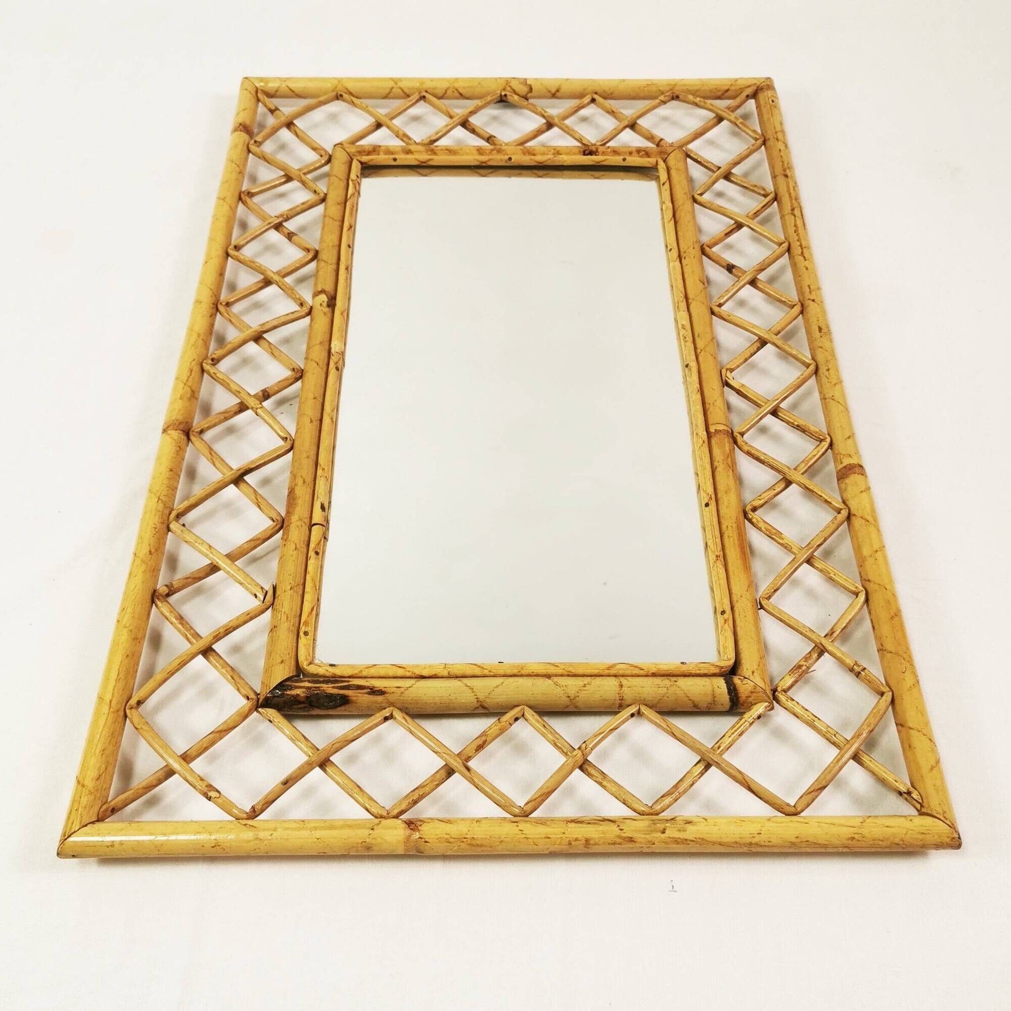 Mid Century Bamboo and Rattan Wall Mirror, Italy, 1960s
