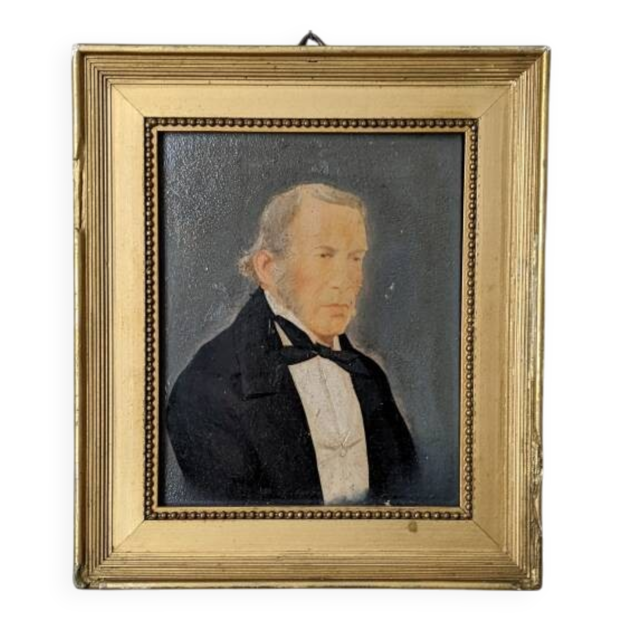 Oil on panel, old portrait, gilded wooden frame, country decoration