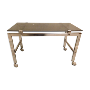 Table basse sur roulette 1970 chrome et verre fumé