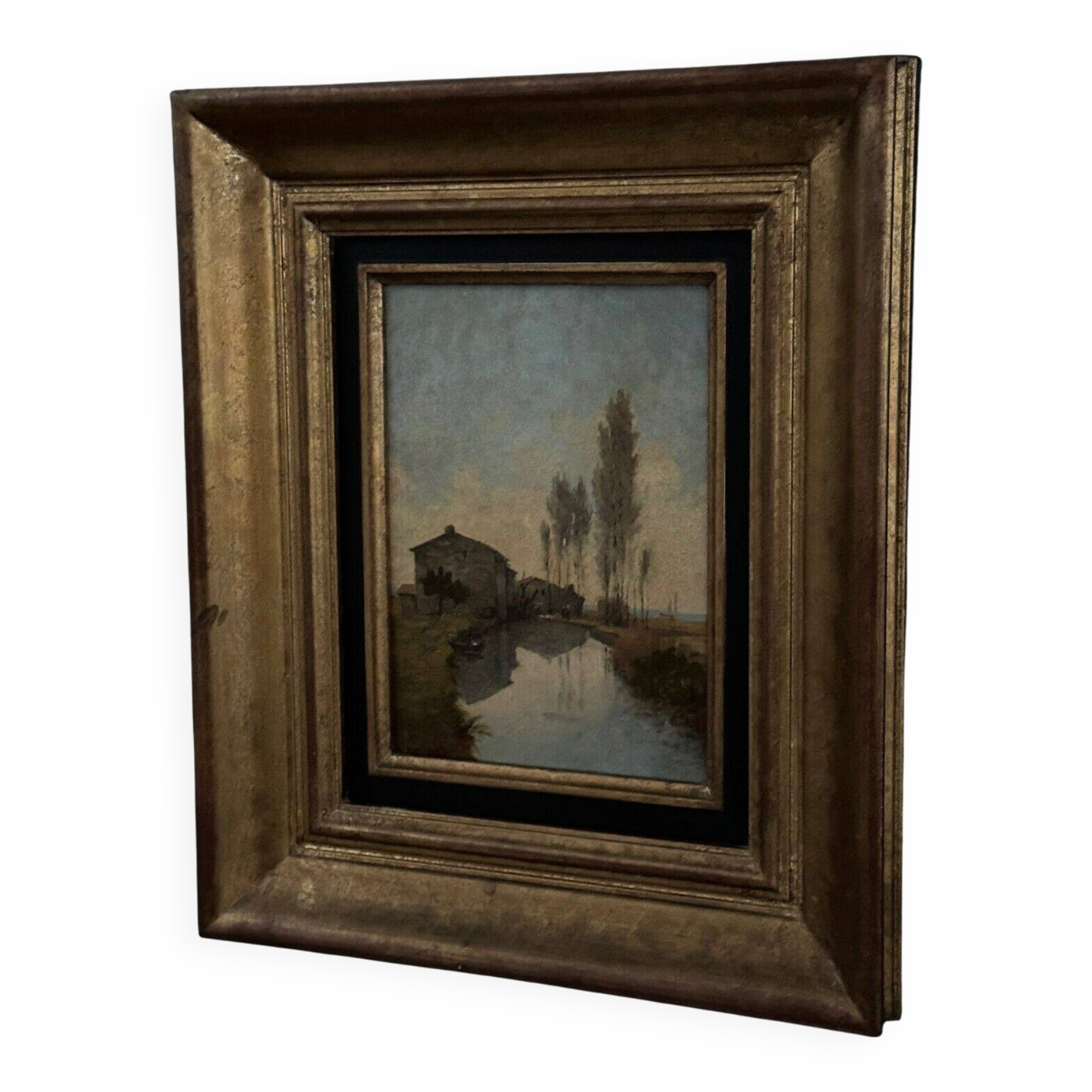 Oil on cardboard by Paul Faugier riverside landscape with poplars