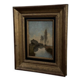Oil on cardboard by Paul Faugier riverside landscape with poplars
