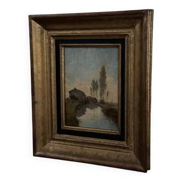 Oil on cardboard by Paul Faugier riverside landscape with poplars