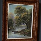 Oil on panel riverside landscape by J. Audry 20th century