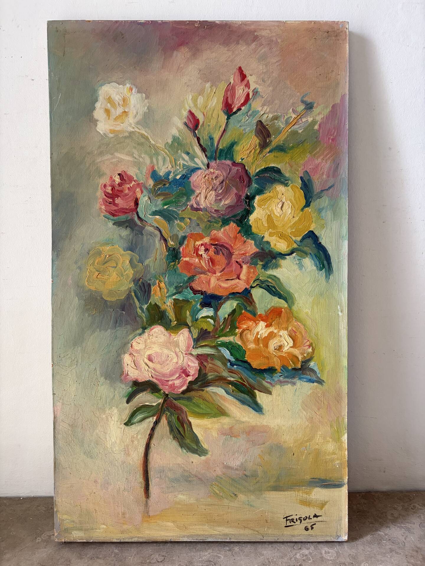 Roses, oil on panel signed Frigola 1965