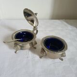 Ancien Saleron et Moutardier en Métal Argenté et Verre Bleu
