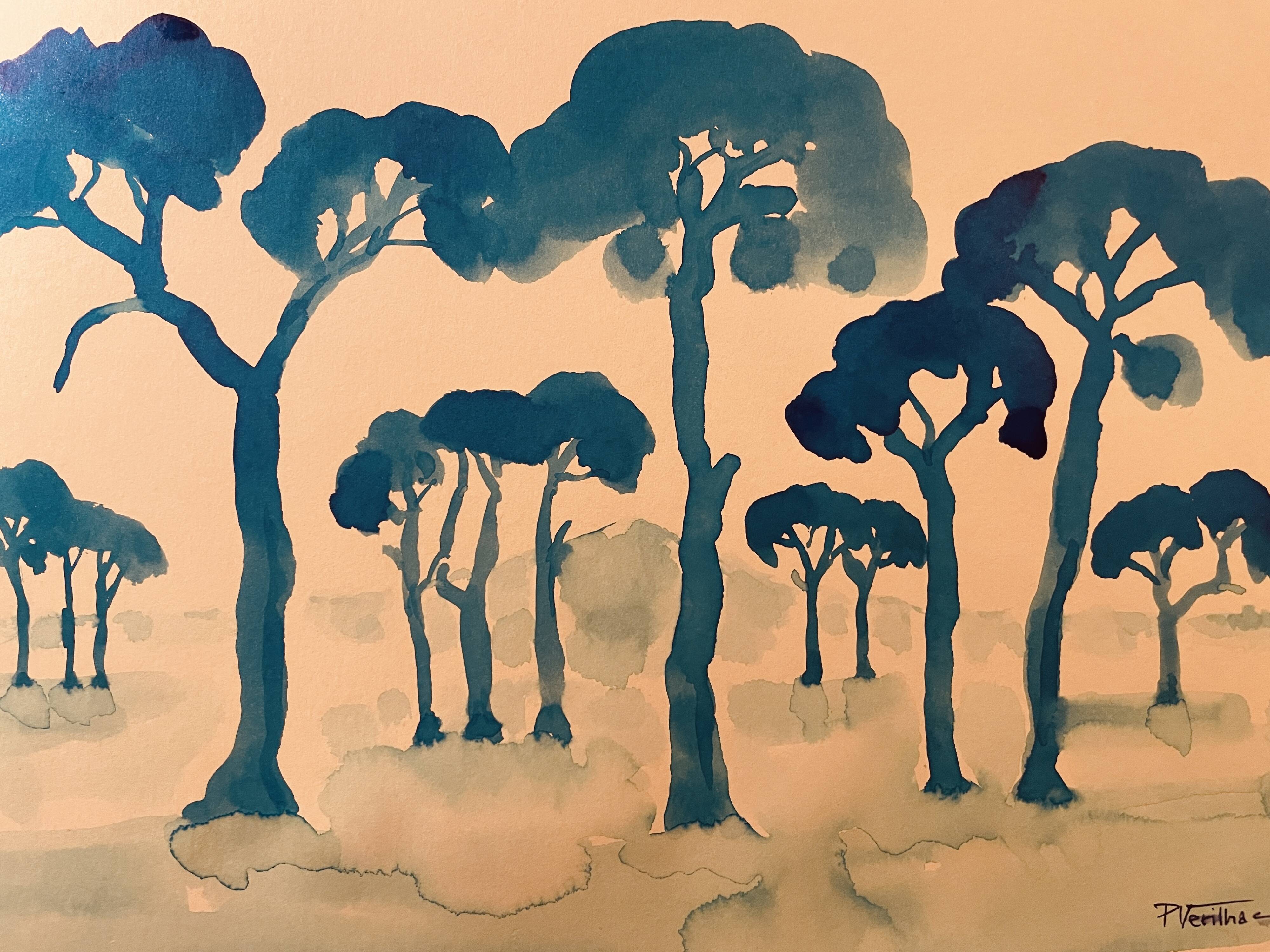 Tableau signé aquarelle coucher de soleil sur le Mont Ventoux Provence