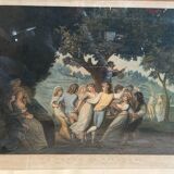 Ancienne gravure a. chaponnier la danse de village paris + cadre bois #b543