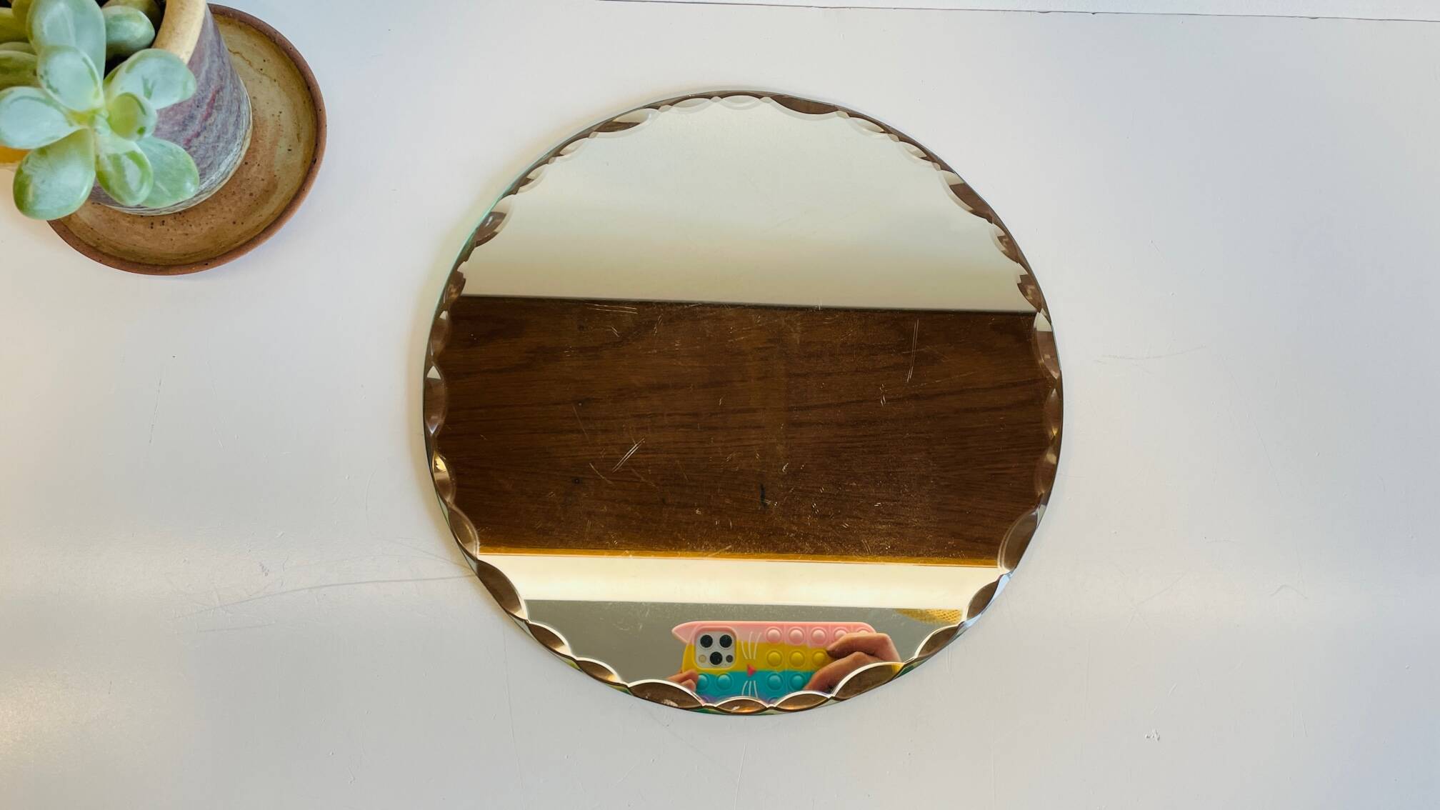 Vintage round and beveled table mirror