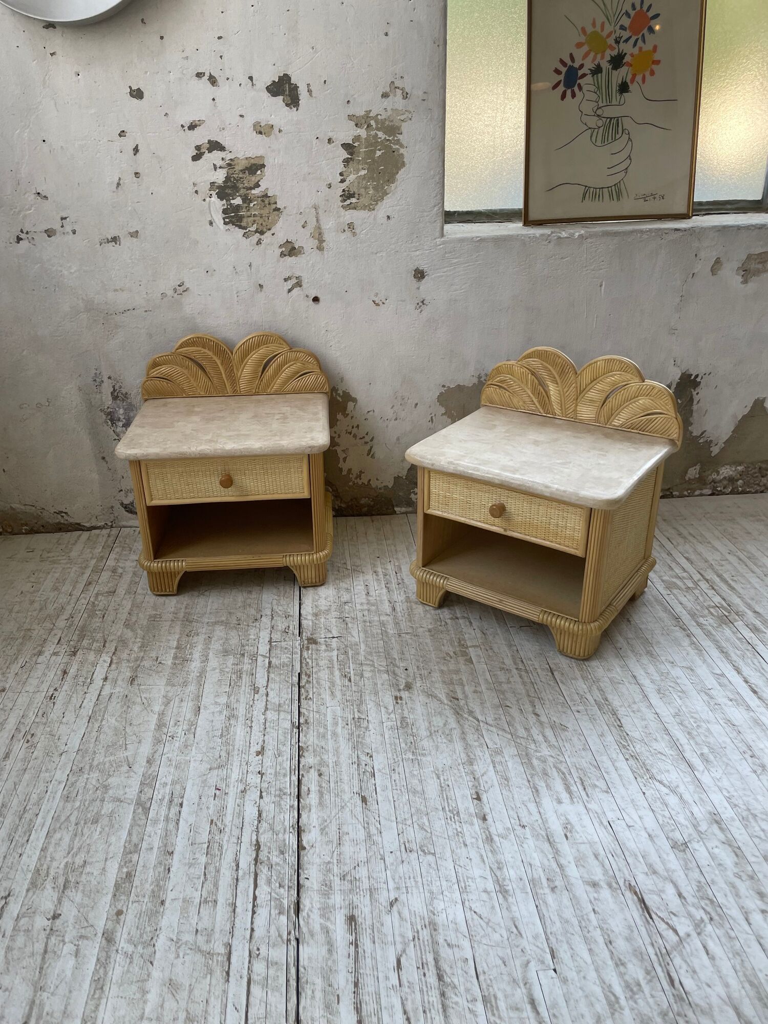 Pair of travertine bedside and rattan palm tree "vivai del sud"