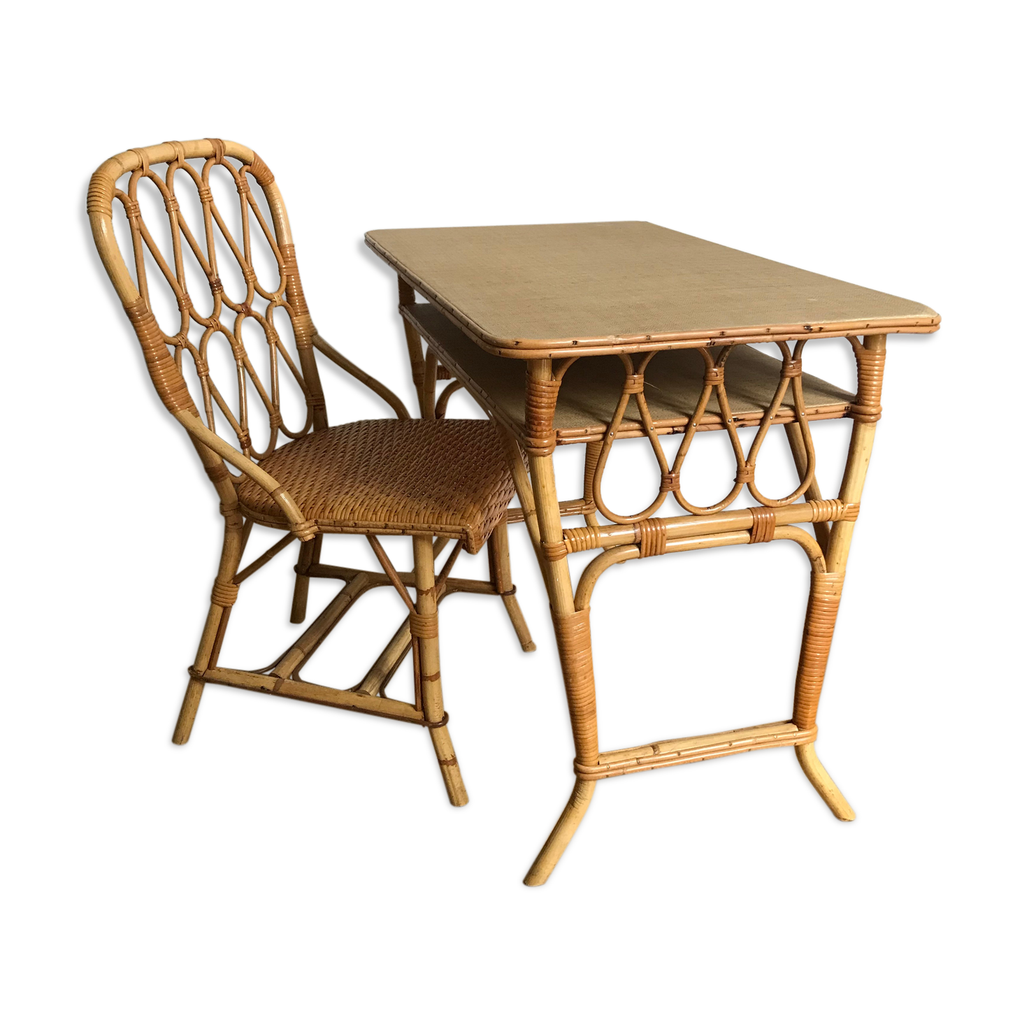 Vintage rattan desk and chair, 1960s