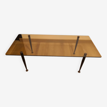 Rectangular coffee table with metal & brass foot and smoked glass, vintage 70s