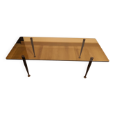 Rectangular coffee table with metal & brass foot and smoked glass, vintage 70s