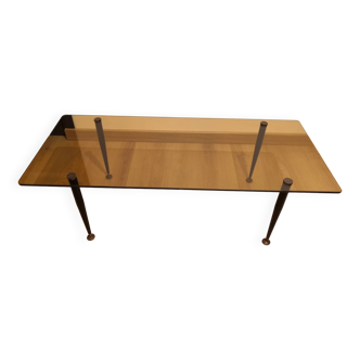 Rectangular coffee table with metal & brass foot and smoked glass, vintage 70s