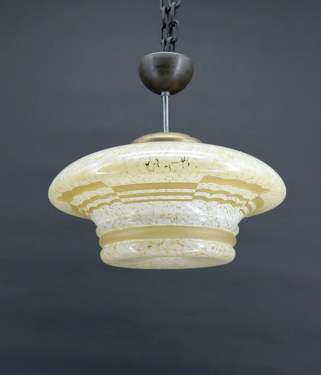 Modernist Art Deco pendant light in acid-etched “cloud” glass, France, Circa 1930