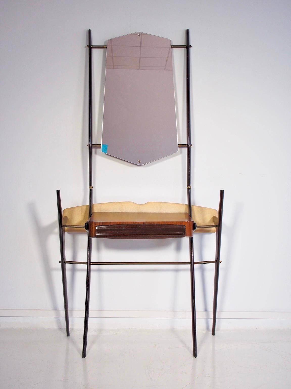 Table console laquée avec plateau en verre et miroir