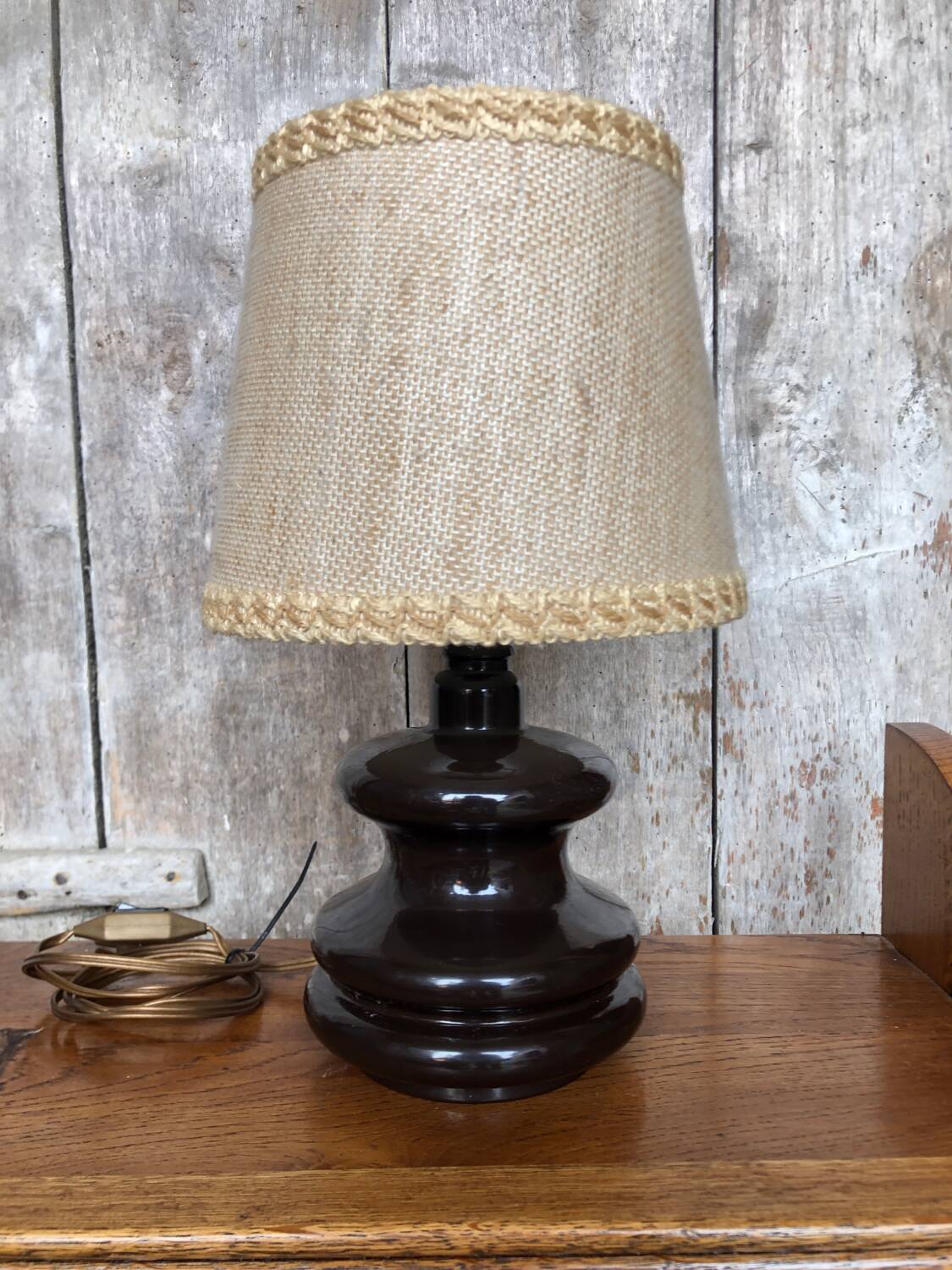 Old Brown Molded Glass Lamp + Beige Lampshade 70's Vintage #A832