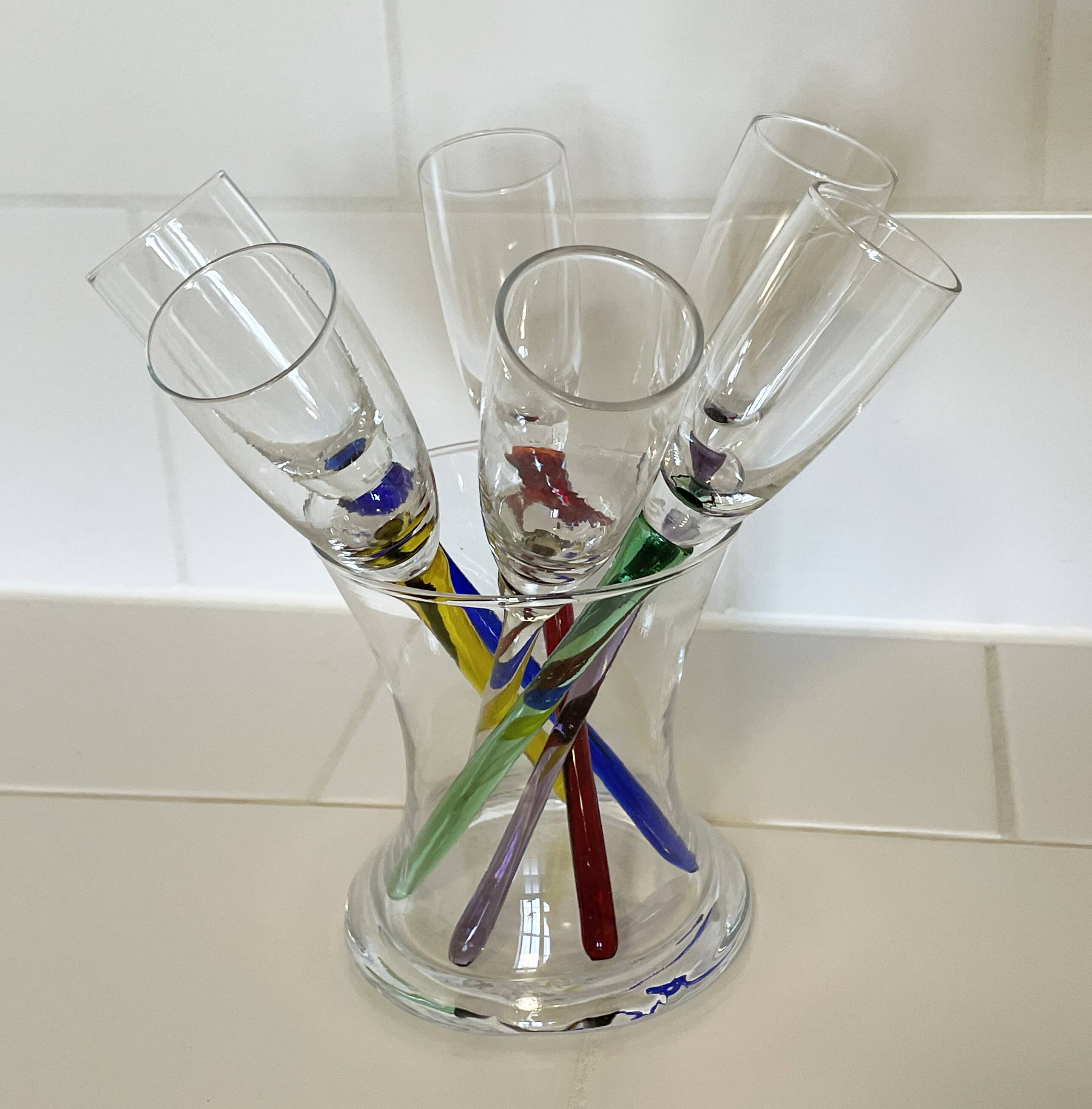 Set of 6 Vintage Champagne Flutes with Stand, German Handblown Glass