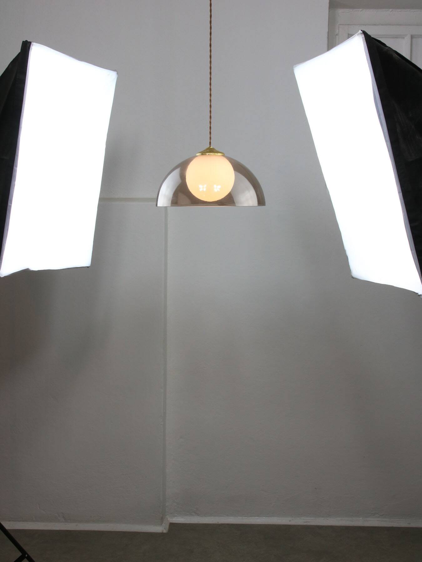 Space-age Italian Brass, Opaline and Plexiglass Pendant Lamp