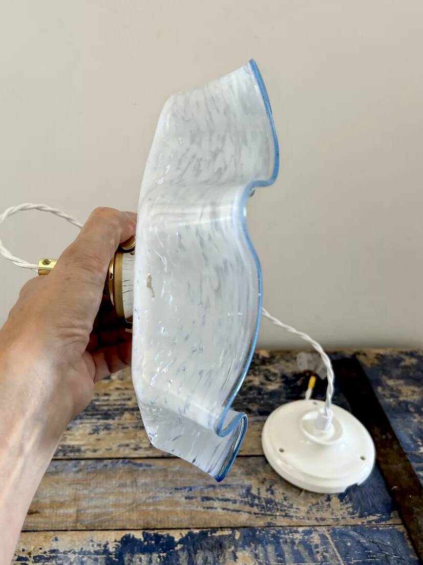 Vintage pastel pendant light with blue trim