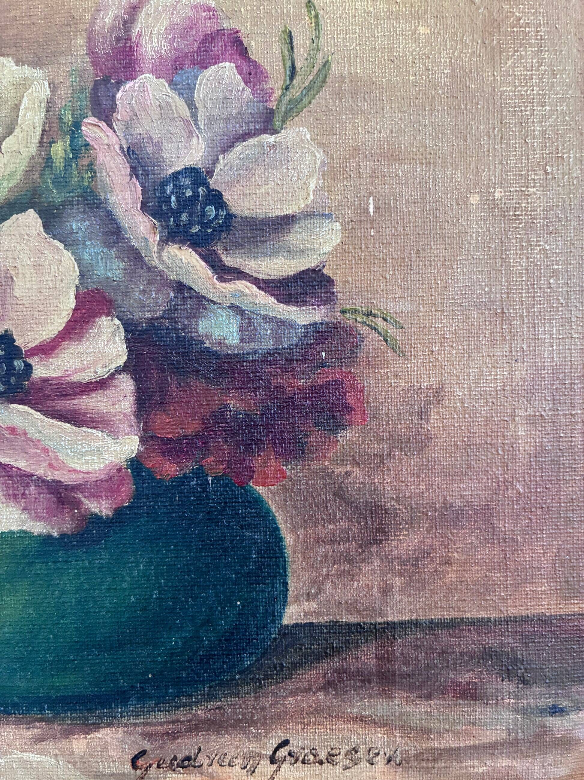 Vintage original floral oil painting, signed flower art