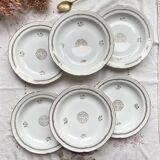 6 Vintage French porcelain soup plates with golden rosette pattern