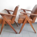 PAIR OF VINTAGE 1950 BRIDGE ARMCHAIRS WITH COMPASS LEGS IN OAK & SIMILAR LEATHER HAV