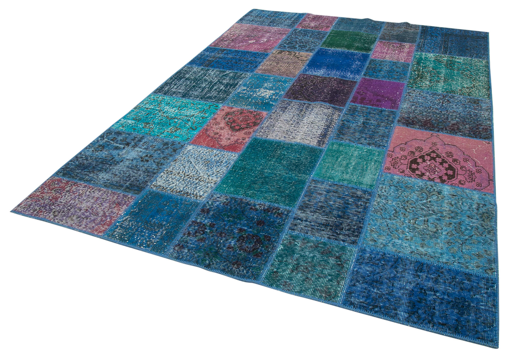 Handwoven anatolian contemporary 204 cm x 300 cm blue patchwork carpet