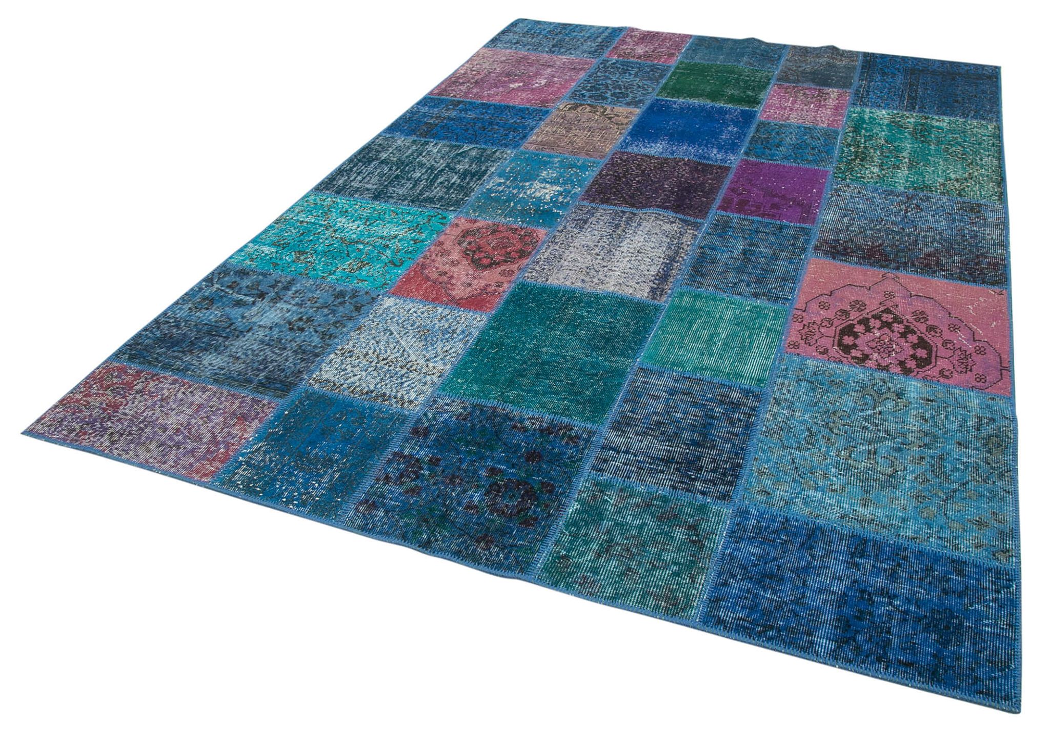 Handwoven anatolian contemporary 204 cm x 300 cm blue patchwork carpet