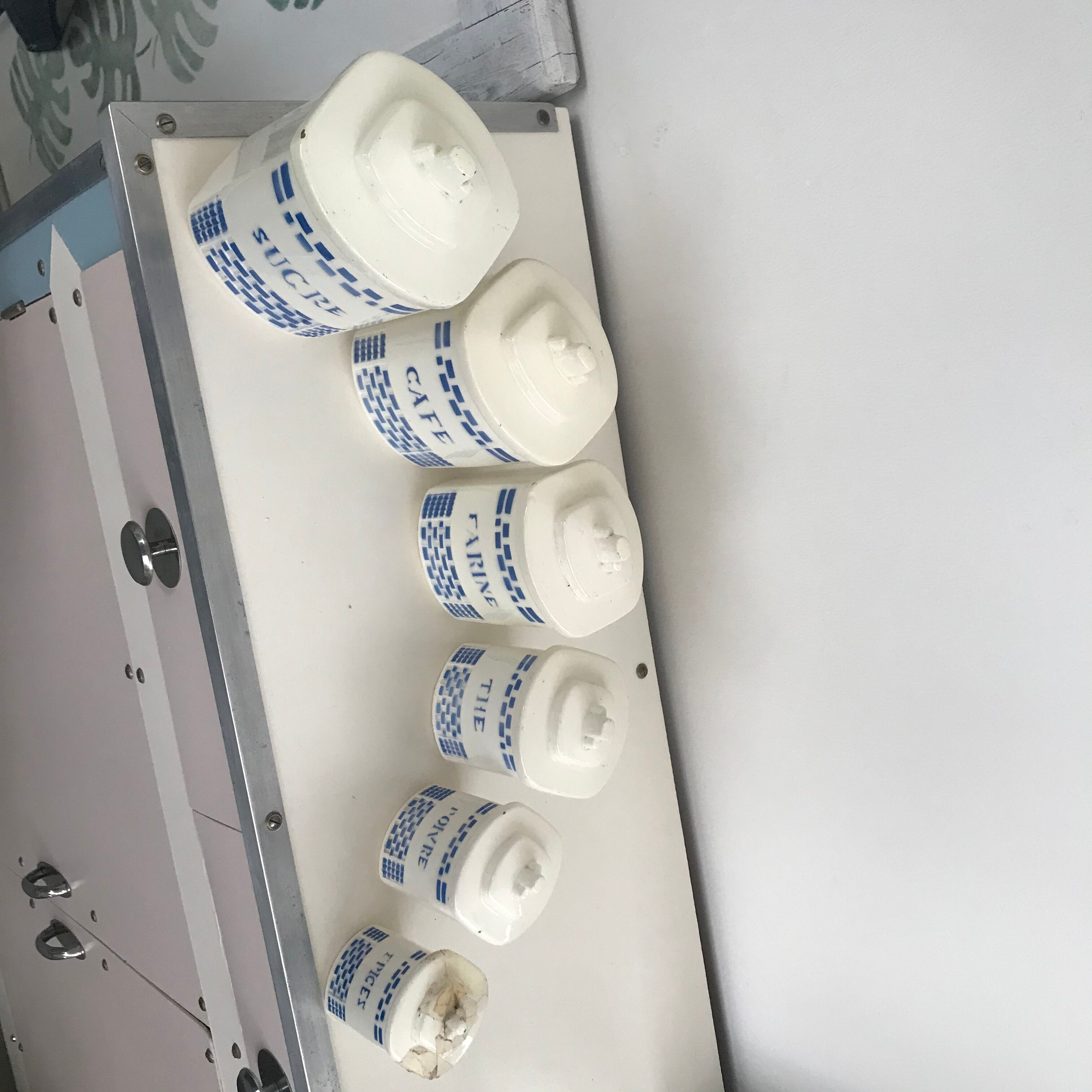 Lot of 6 spice boxes earthenware decoration lustucru checkerboard pattern