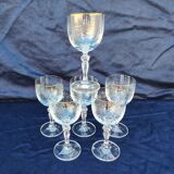 Six vintage wine glasses, cut crystal, gold rim