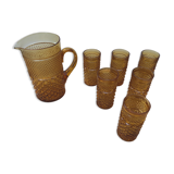 Service Ancien Jus Carafe + 6 Verres Verre Moulé Orange Géométrique Vintage