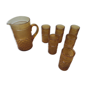 Old Juice Carafe Service + 6 Vintage Geometric Orange Molded Glass Glasses