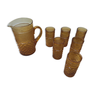 Service Ancien Jus Carafe + 6 Verres Verre Moulé Orange Géométrique Vintage