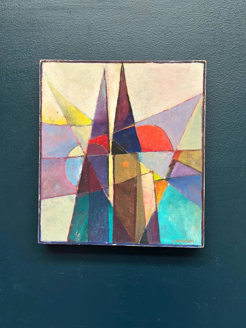 Oil on Swedish panel – 'Geometric Composition' by Stellan Widholm – Signed – vintage and framed – 35 × 32 × 5 cm