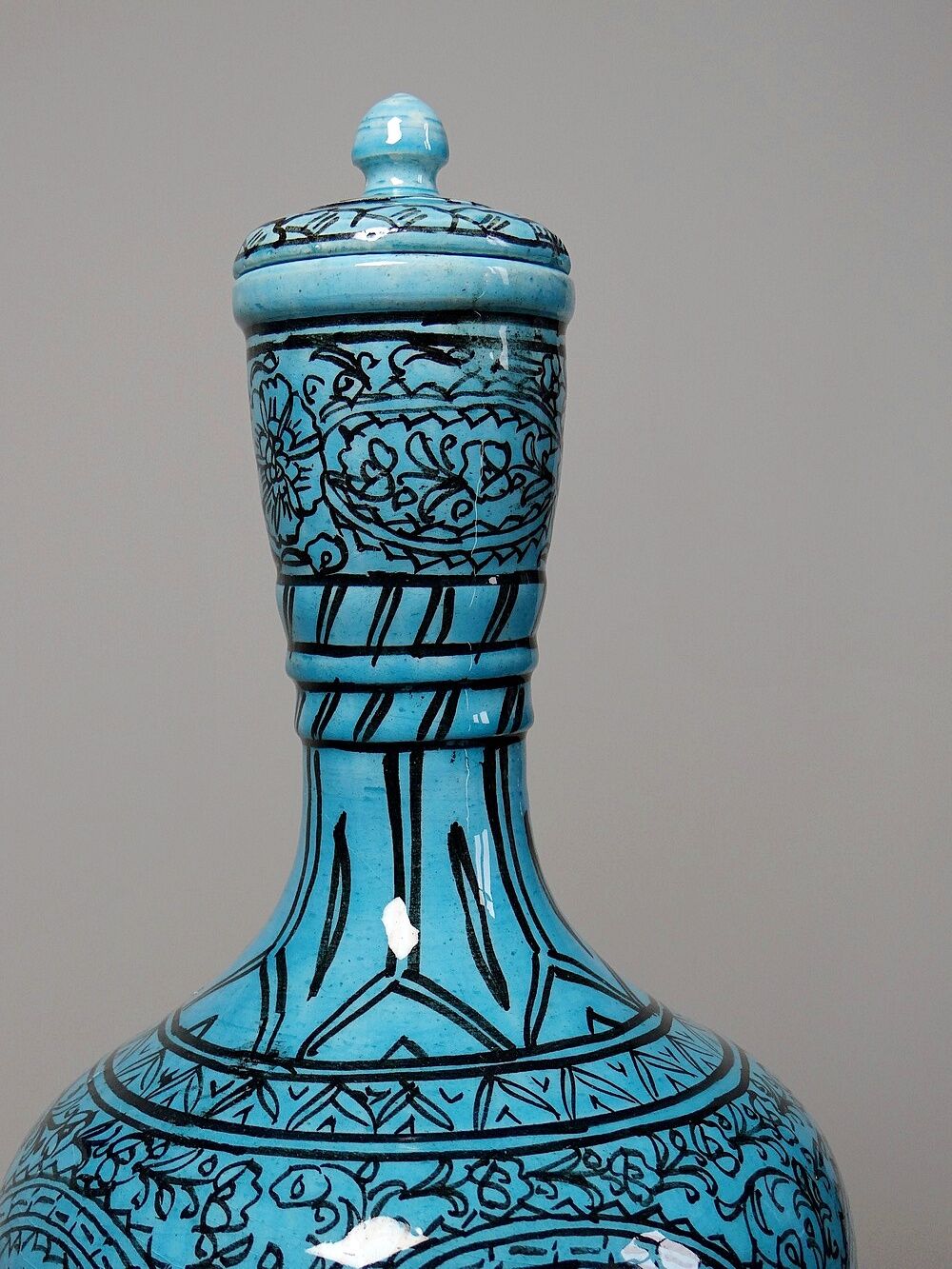 Covered vase or Persian jar, glazed Iznik pottery, vintage turquoise painted.
