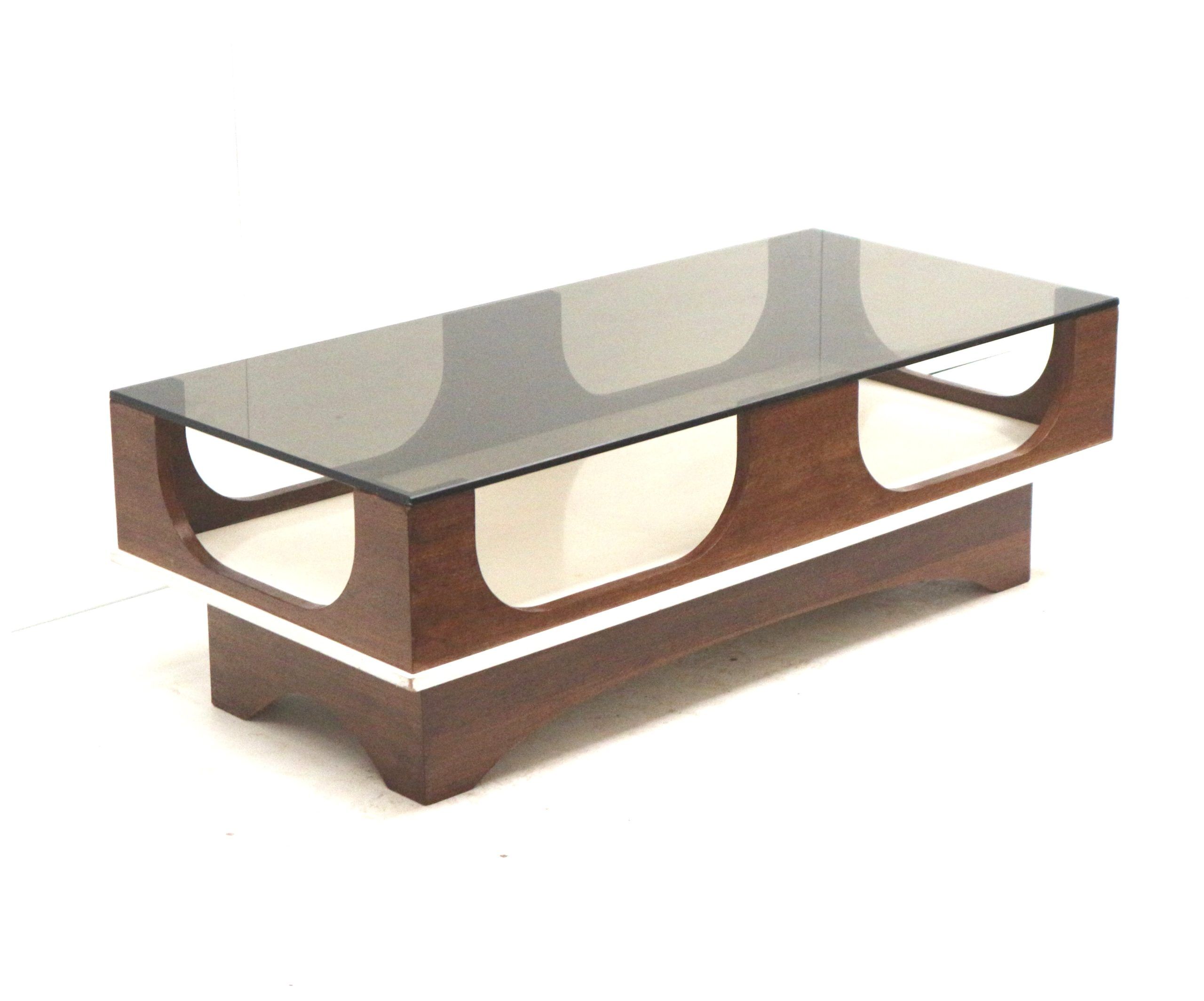 Vintage Space Age coffee table, 1970s, with smoked glass and wenge wood top