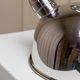 Polished argent metal kettle with blue accents – Italian 1980s design, retro stainless
