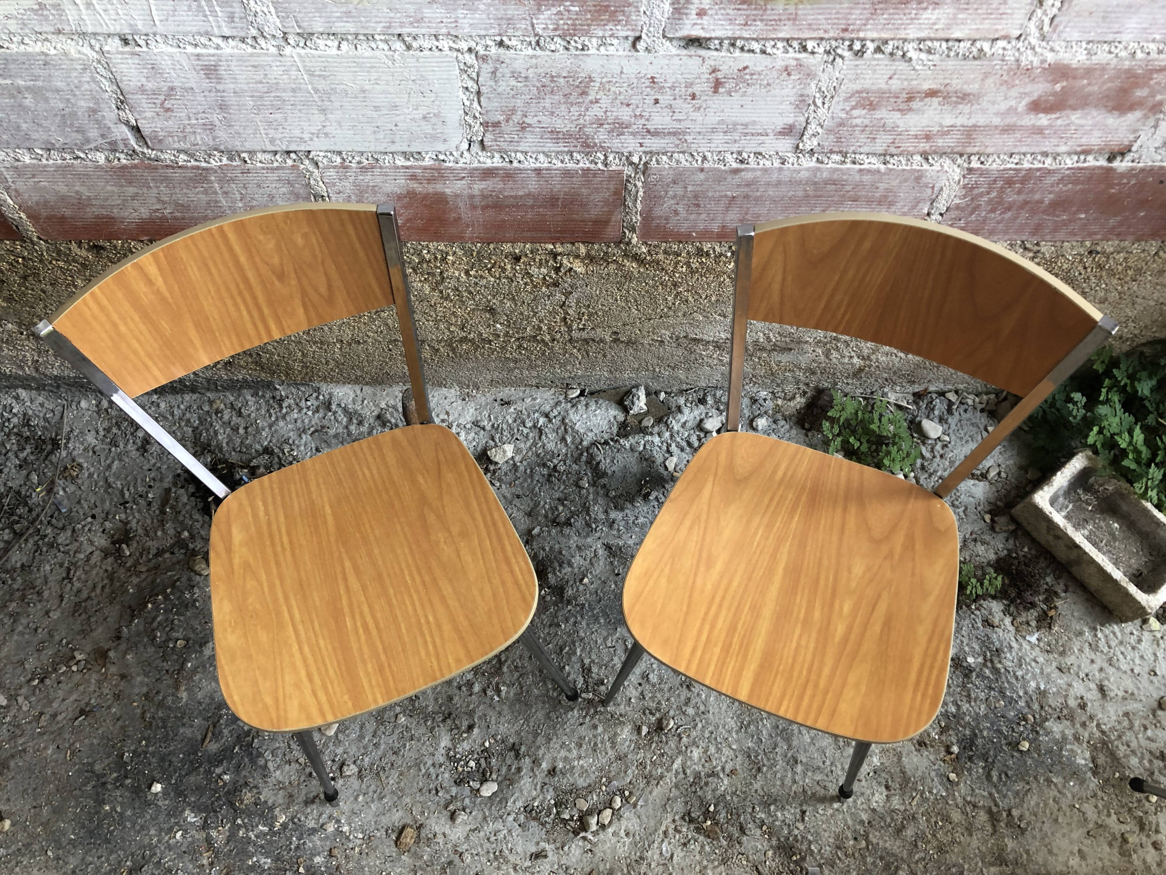 Pair Chair Feet Compass Metal Chrome + Formica Brown 70s Vintage