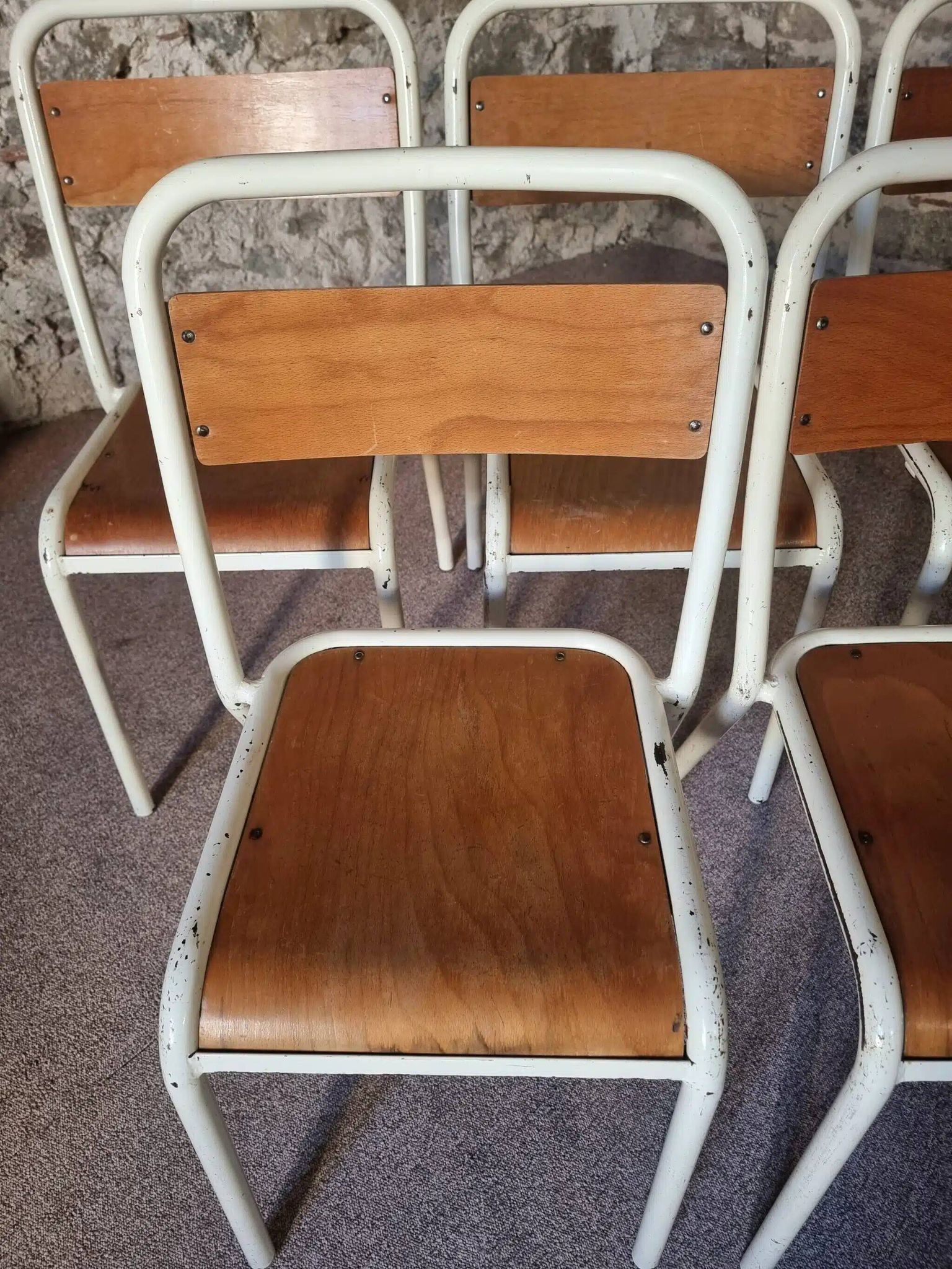 Vintage French school chairs – 1960s industrial cafe seats (set of 5)