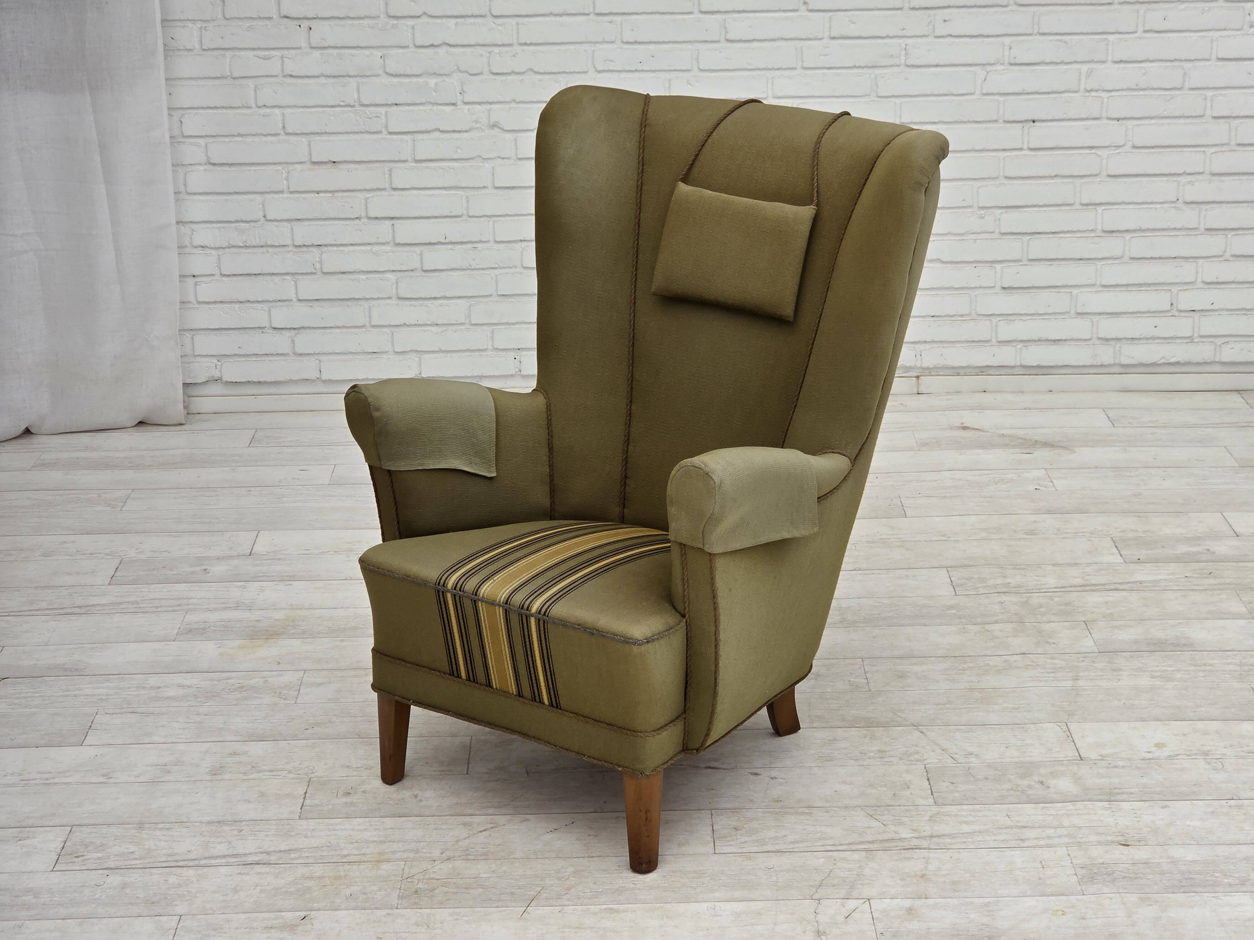 1960s, Danish highback armchair, original green furniture wool.