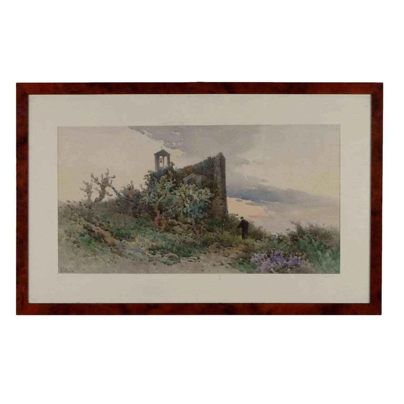 Old painting signed Angelos Giallinas, watercolour on paper from the 1800s.
