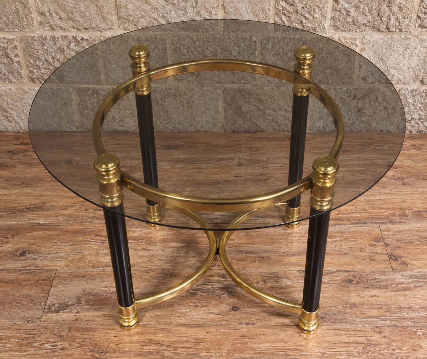 Round side table in brass and smoked glass – 1970s