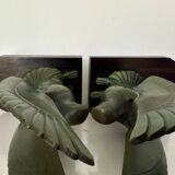 Pair of eagle bookends in green patina regula with rosewood base