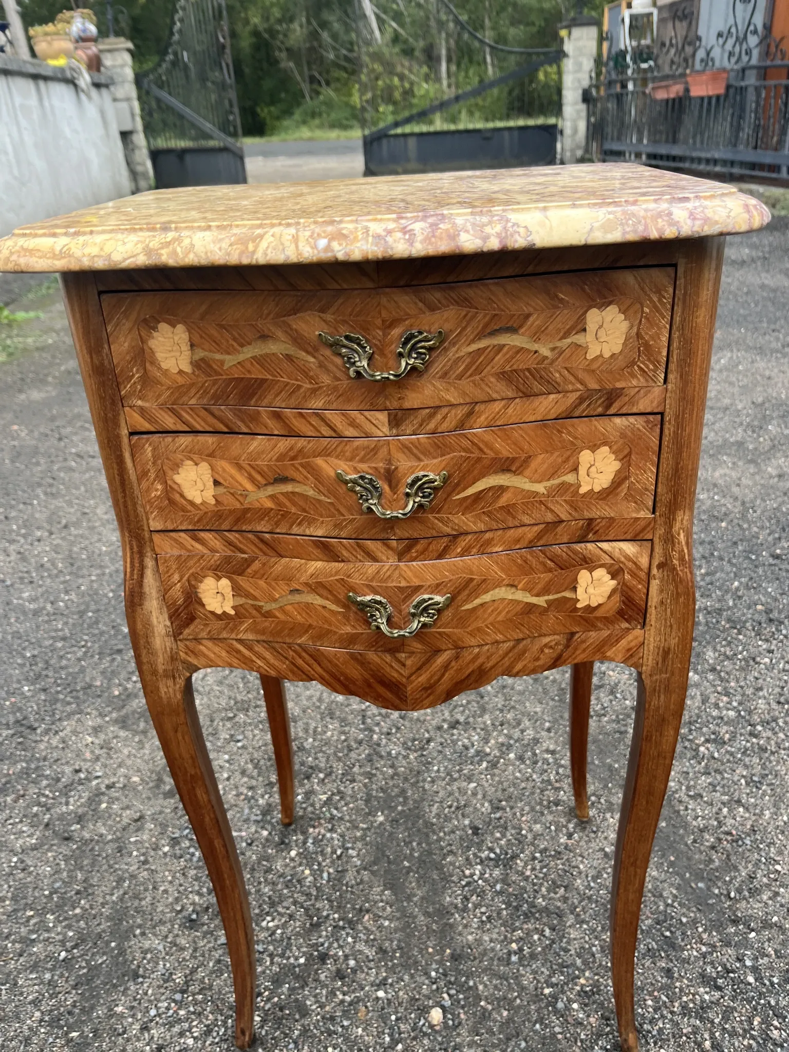 Antique marquetry bedside table – Marble top – Louis XV style