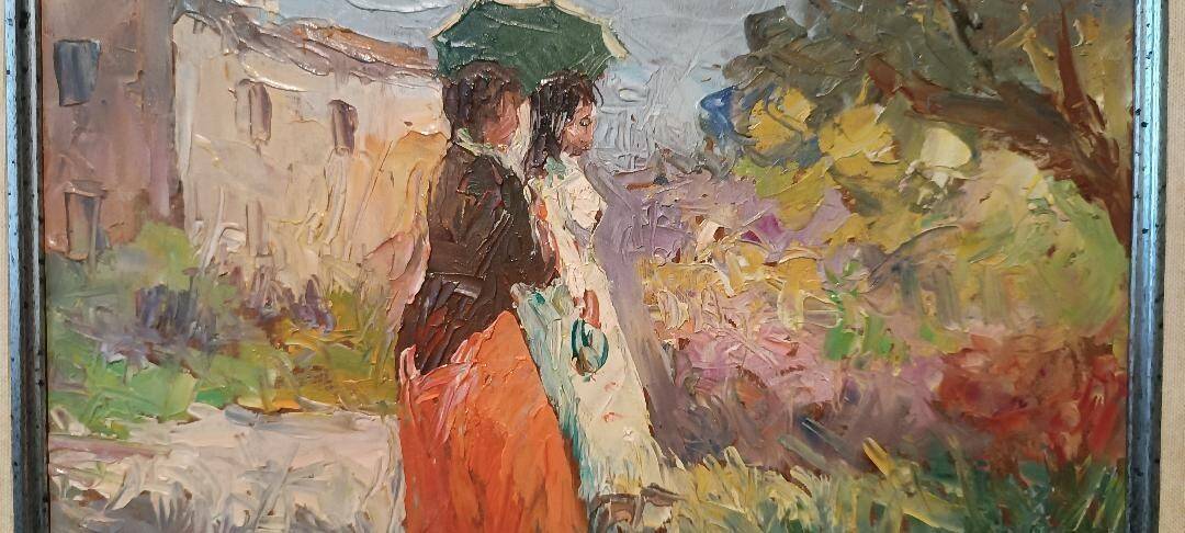 Oil painting of figures on panel in the Impressionist style from the 50s/60s.