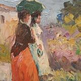 Oil painting of figures on panel in the Impressionist style from the 50s/60s.