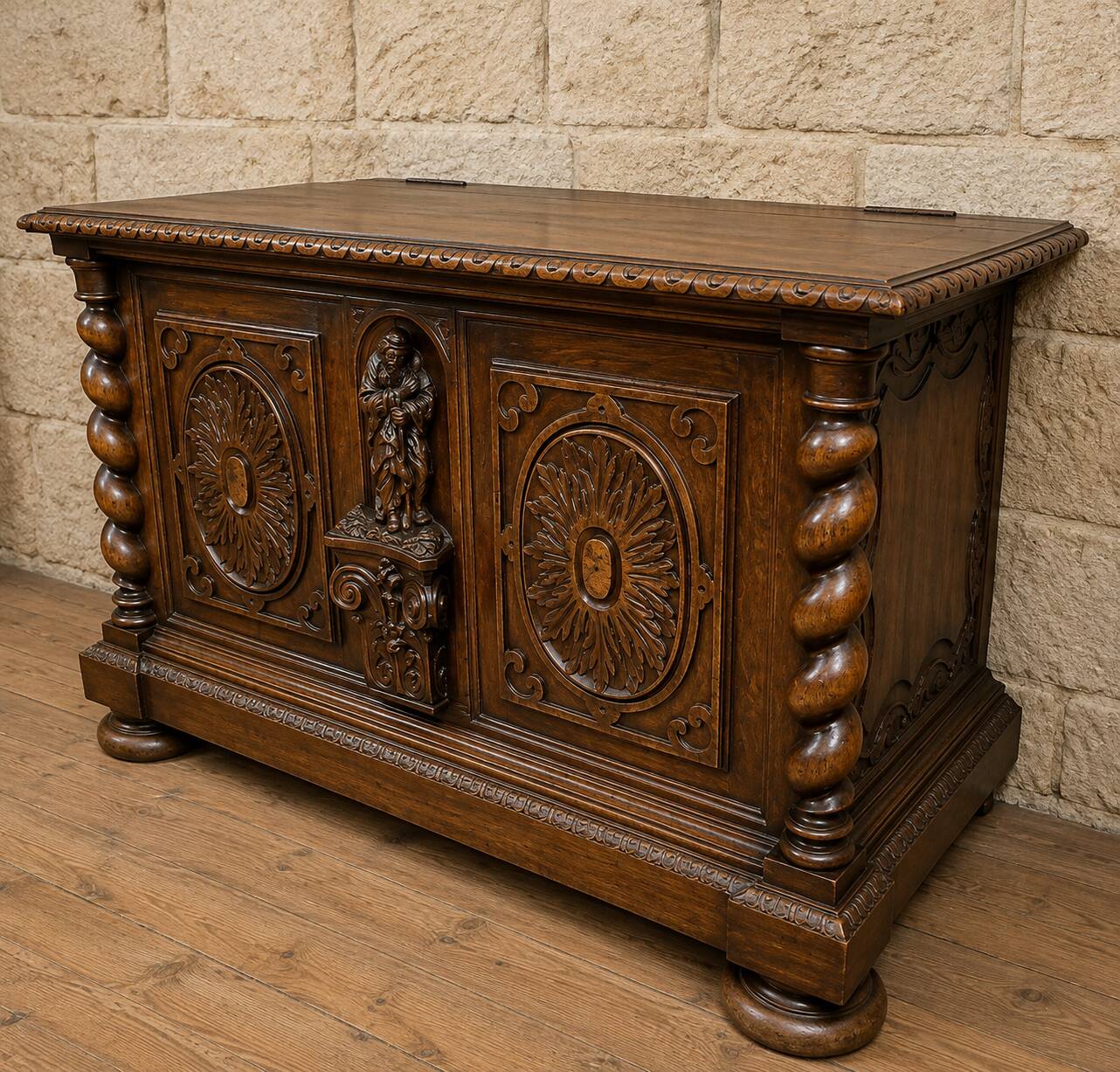 Carved wooden chest with twisted columns – Renaissance style